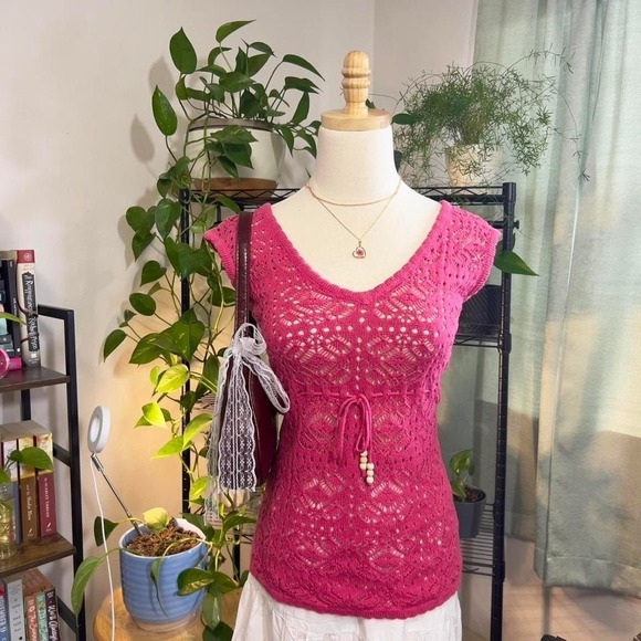 Tops - Y2K Pink Crochet Babydoll Top Blouse Size Medium Preppy Boho Fairy w/ Beads